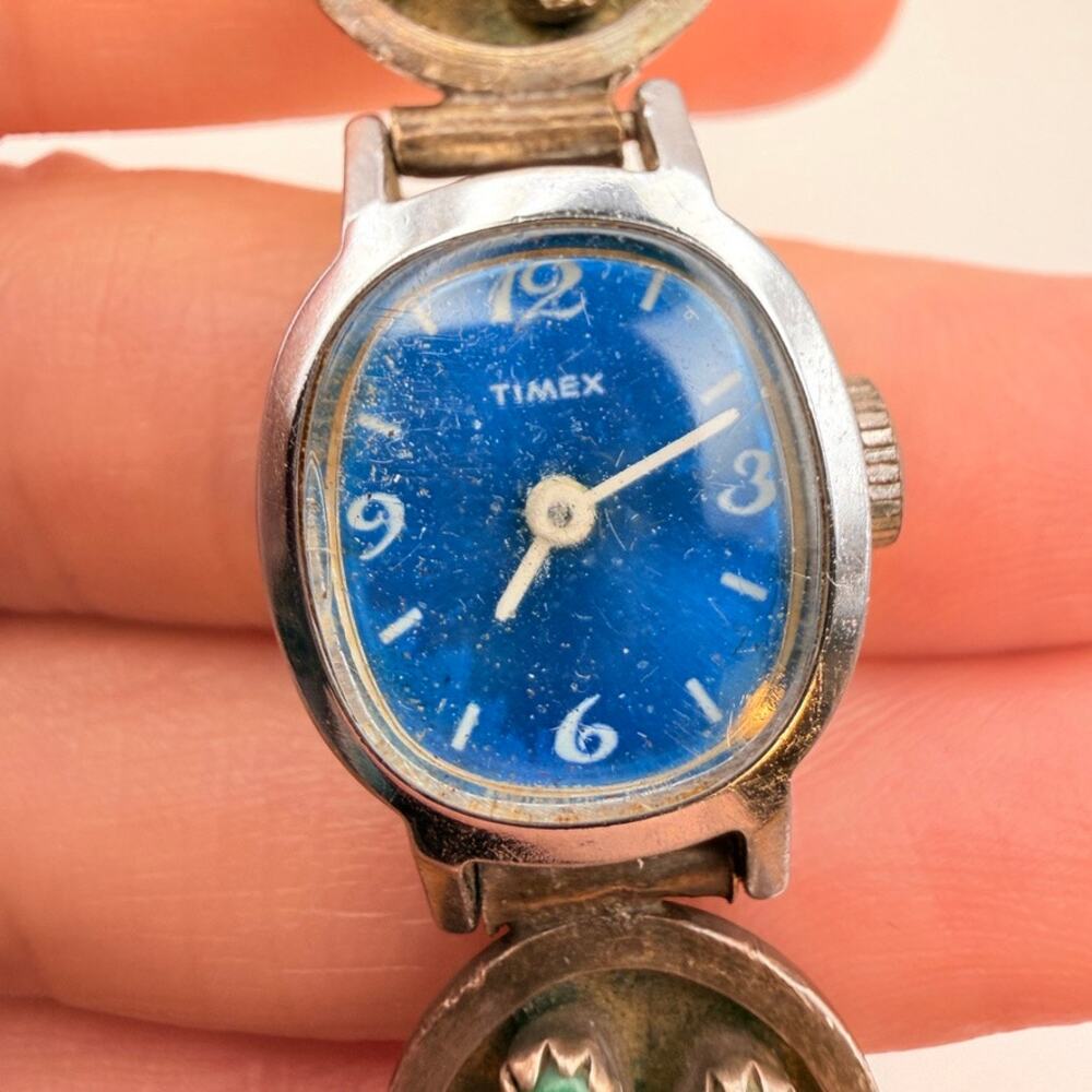 Vtg Old Pawn Sterling Silver Navajo Blue Green Turquoise Watch Band With Timex - Picture 3 of 10
